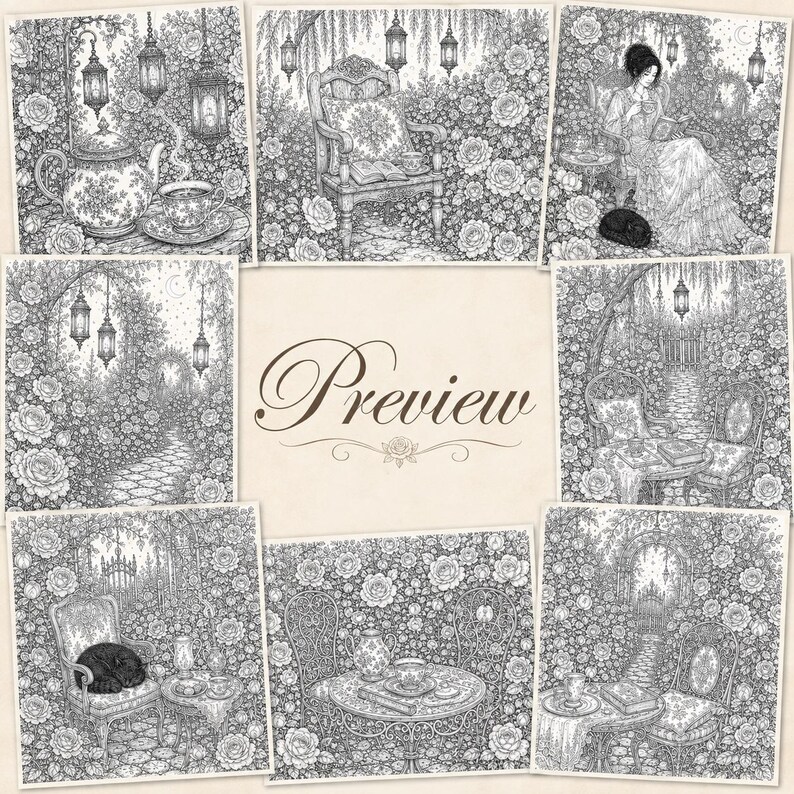 Puede incluir: Una colecci&oacute;n de ocho ilustraciones detalladas en blanco y negro con escenas de jard&iacute;n, rosas, linternas colgantes, juegos de t&eacute;, sillas y una persona leyendo, rodeando un panel central con la palabra Preview escrita en cursiva.