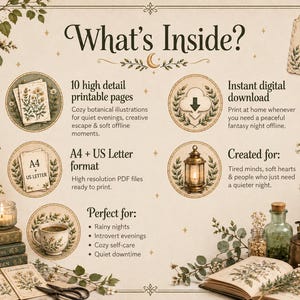 Peut inclure: Une fiche d'information de t&eacute;l&eacute;chargement num&eacute;rique intitul&eacute;e What's Inside? avec des illustrations botaniques, du texte sur 10 pages imprimables, des formats A4 et US Letter, et des instructions de t&eacute;l&eacute;chargement. Design avec motifs floraux.