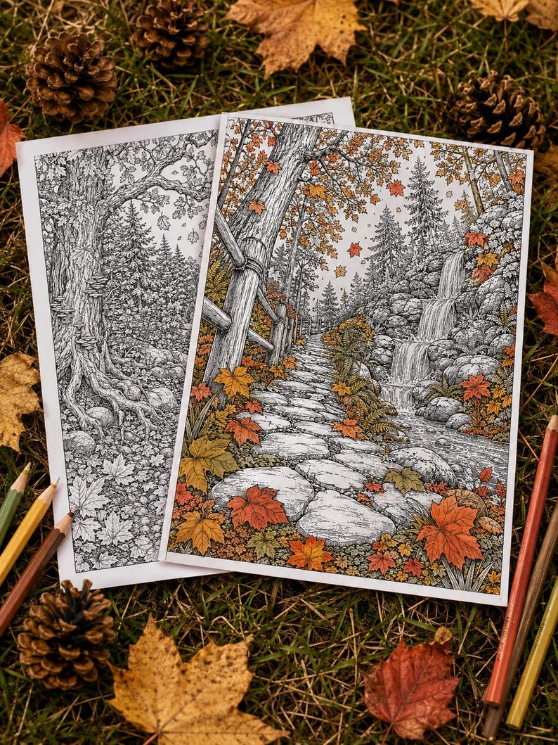 May include: Two rectangular coloring pages featuring detailed forest scenes. One page is a black and white line drawing of a tree and forest floor, while the other is a colored version depicting a stone path, a waterfall, and autumn leaves.