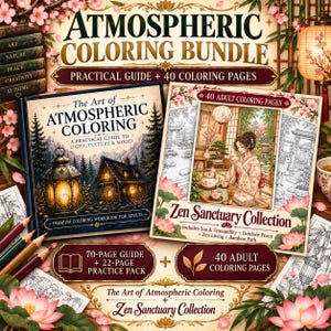 以下が含まれることがあります： 「The Art of Atmospheric Coloring」と「Zen Sanctuary Collection」の2冊セット。光、質感、ムードを学ぶ実用ガイドと、お茶や自然をテーマにした大人向けの塗り絵40ページが含まれています。