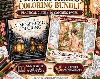 Atmospheric Coloring Workbook + 40 Zen Coloring Pages | Adult Coloring Guide, Printable Zen Sanctuary Collection, Digital Download
