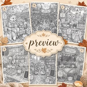 Puede incluir: Una colecci&oacute;n de seis p&aacute;ginas para colorear en blanco y negro con animales del bosque en varios mercados, incluyendo un zorro, una ardilla, un mapache y un b&uacute;ho, con la palabra preview centrada en un marco decorativo sobre las im&aacute;genes.