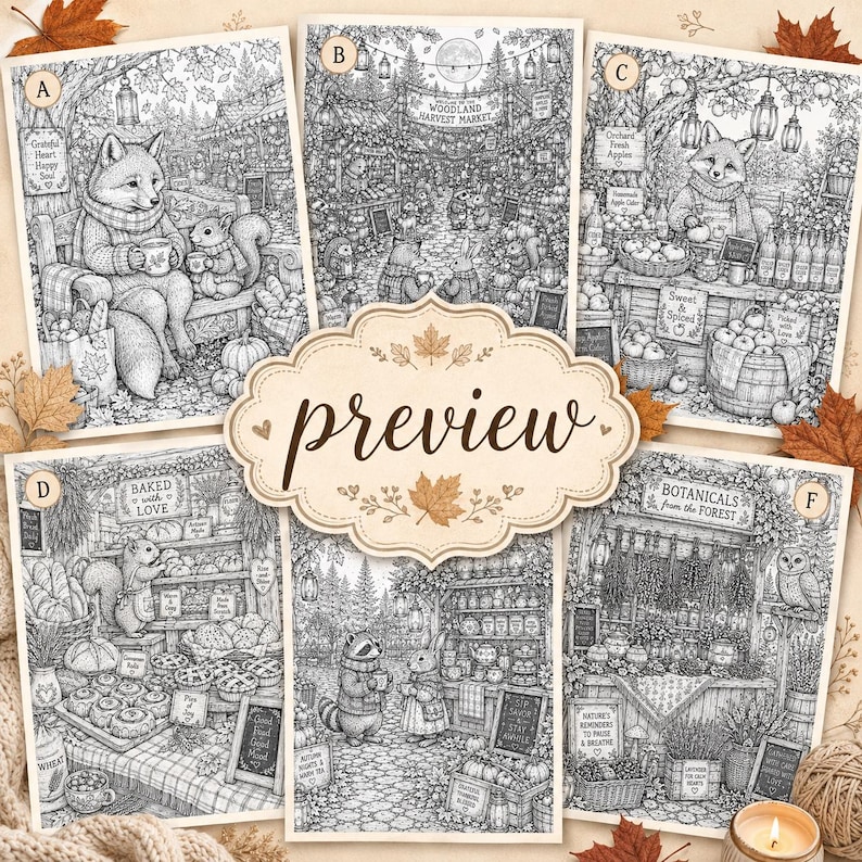 Puede incluir: Una colecci&oacute;n de seis p&aacute;ginas para colorear en blanco y negro con animales del bosque en varios mercados, incluyendo un zorro, una ardilla, un mapache y un b&uacute;ho, con la palabra preview centrada en un marco decorativo sobre las im&aacute;genes.