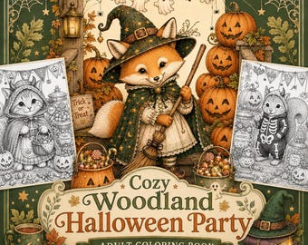 Puede incluir: Un libro para colorear titulado Cozy Woodland Halloween Party con una ilustración central de un zorro con sombrero de bruja y capa sosteniendo una escoba, rodeado de calabazas, fantasmas y dos páginas para colorear en blanco y negro.