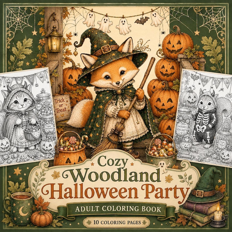 May include: A coloring book titled Cozy Woodland Halloween Party featuring a central illustration of a fox wearing a witch hat and cape holding a broom, surrounded by pumpkins, ghosts, and two black and white coloring pages of animals.