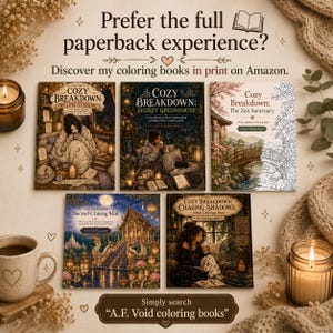 May include: Five paperback coloring books titled Cozy Breakdown: Offline Evening, Secret Greenhouse, The Zen Sanctuary, Sacred Chiang Mai, and Chasing Shadows. The text reads: Prefer the full paperback experience? Discover my coloring books in print on Amazon.