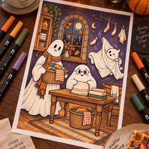 May include: A colorful illustration print depicting three ghosts performing laundry tasks in a cozy room. One ghost holds a basket, another folds towels on a wooden table, and a third floats nearby. The scene includes a window, a rug, and laundry hanging on a line.