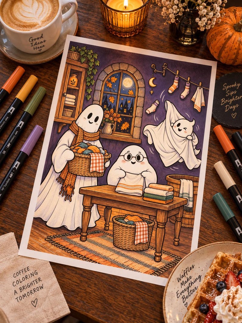 May include: A colorful illustration print depicting three ghosts performing laundry tasks in a cozy room. One ghost holds a basket, another folds towels on a wooden table, and a third floats nearby. The scene includes a window, a rug, and laundry hanging on a line.