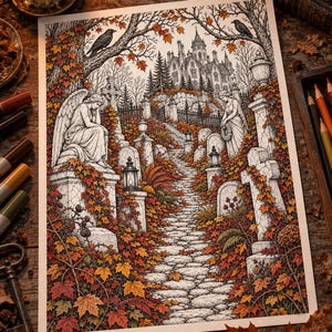 May include: A detailed illustration of a cemetery path leading to a distant castle, featuring stone angel statues, gravestones, and iron fences surrounded by vibrant autumn foliage in shades of orange, red, and yellow with black crows.