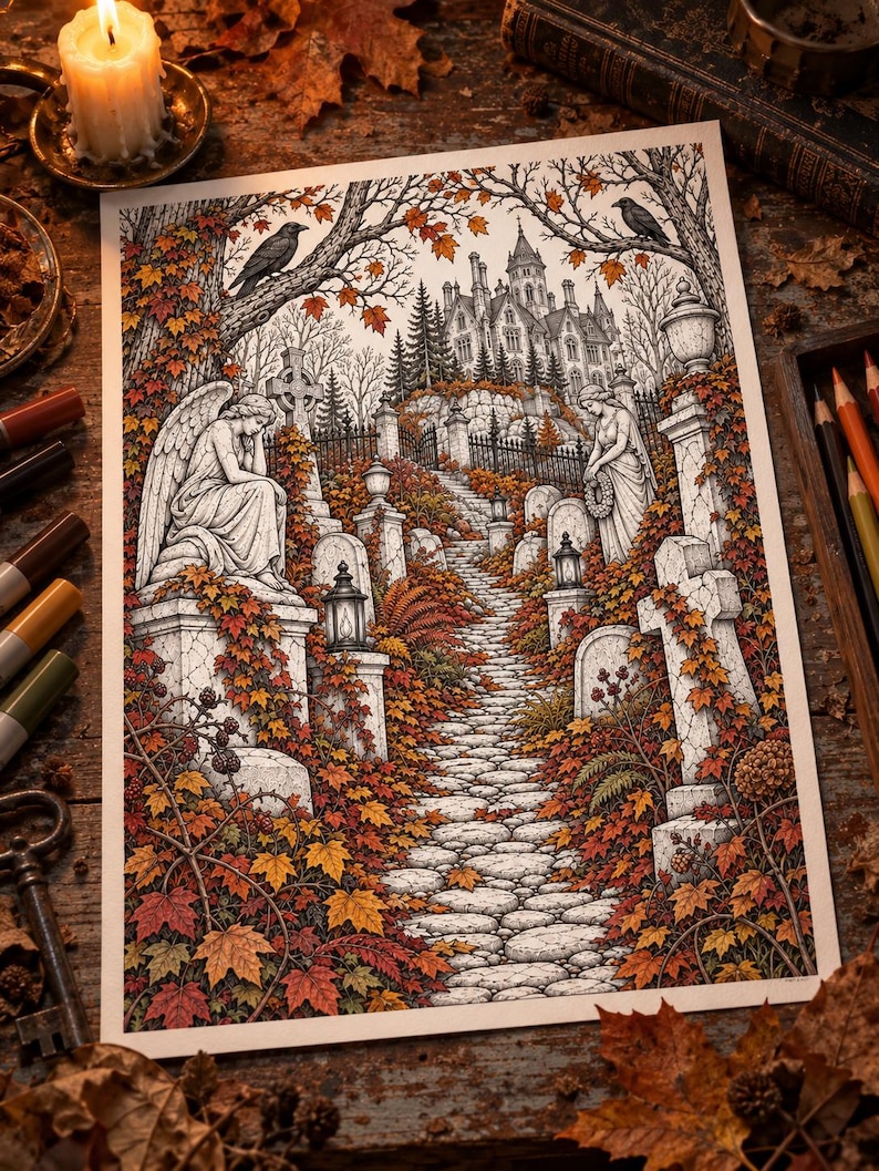 May include: A detailed illustration of a cemetery path leading to a distant castle, featuring stone angel statues, gravestones, and iron fences surrounded by vibrant autumn foliage in shades of orange, red, and yellow with black crows.