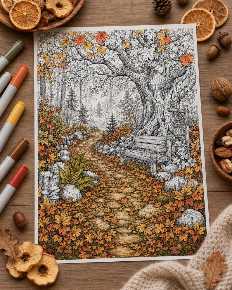 May include: A detailed colouring page illustration featuring a stone path winding through an autumn forest, a wooden bench beneath a large tree, and fallen maple leaves. The scene includes a lantern, ferns, and rocks, rendered in black ink with orange and yellow accents.