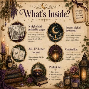May include: A digital download information sheet titled What's Inside? featuring five printable pages, A4 and US Letter formats, and illustrations of candles, potion bottles, crystals, and a teacup on books, with text describing cozy witchy themes.