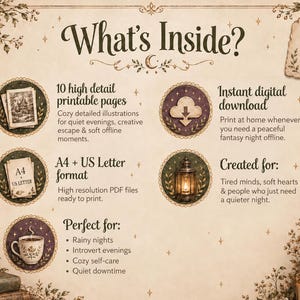 Puede incluir: Un gr&aacute;fico informativo titulado What's Inside? que presenta cinco iconos circulares con ilustraciones de una casa, una nube de descarga, papel A4 y US Letter, un farol y una taza de t&eacute;. El texto detalla 10 p&aacute;ginas imprimibles detalladas.