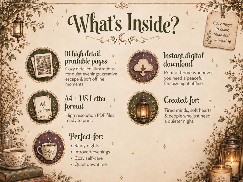 May include: An informational graphic titled What's Inside? featuring five circular icons with illustrations of a house, a download cloud, A4 and US Letter paper, a lantern, and a teacup. The text details 10 high-detail printable pages.