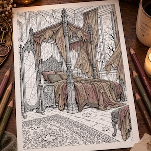 May include: A detailed coloring page illustration of a bedroom featuring a four-poster bed with tattered drapes, a tall ornate mirror, and a patterned rug. The scene includes fallen leaves, a nightstand with a candle, and a window showing a moon.