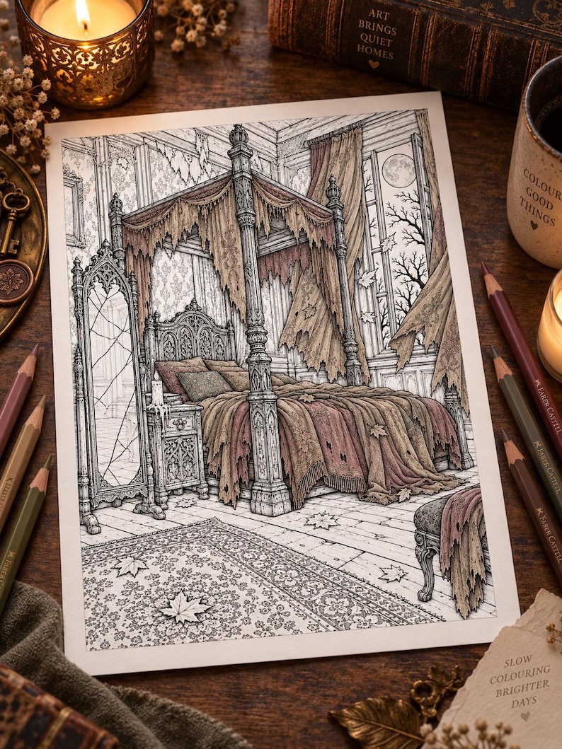 May include: A detailed coloring page illustration of a bedroom featuring a four-poster bed with tattered drapes, a tall ornate mirror, and a patterned rug. The scene includes fallen leaves, a nightstand with a candle, and a window showing a moon.