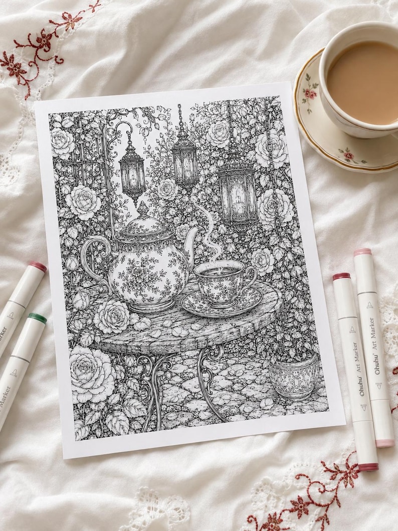 Puede incluir: Una ilustraci&oacute;n de arte lineal en blanco y negro sobre papel que representa una tetera y una taza de t&eacute; con motivos florales sobre una mesa redonda, rodeadas de rosales y linternas colgantes. La escena muestra detalles bot&aacute;nicos.