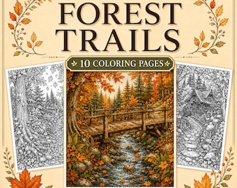 May include: A digital coloring book cover titled Autumn Forest Trails with 10 coloring pages by MidnightByVoid. The design features a central colored illustration of a wooden bridge over a stream in an autumn forest, flanked by two black and white line art pages, all framed by decorative orange maple leaves.