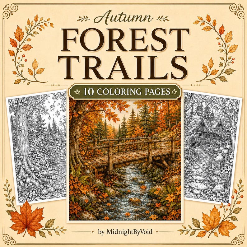 May include: A digital coloring book cover titled Autumn Forest Trails with 10 coloring pages by MidnightByVoid. The design features a central colored illustration of a wooden bridge over a stream in an autumn forest, flanked by two black and white line art pages, all framed by decorative orange maple leaves.
