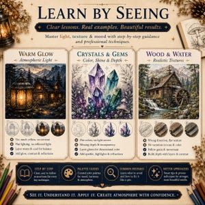 Puede incluir: Una gu&iacute;a art&iacute;stica educativa titulada LEARN BY SEEING que presenta tres paneles: WARM GLOW con una linterna y caba&ntilde;a, CRYSTALS & GEMS con cristales morados y azules, y WOOD & WATER con un molino de agua, incluyendo tutoriales paso a paso.
