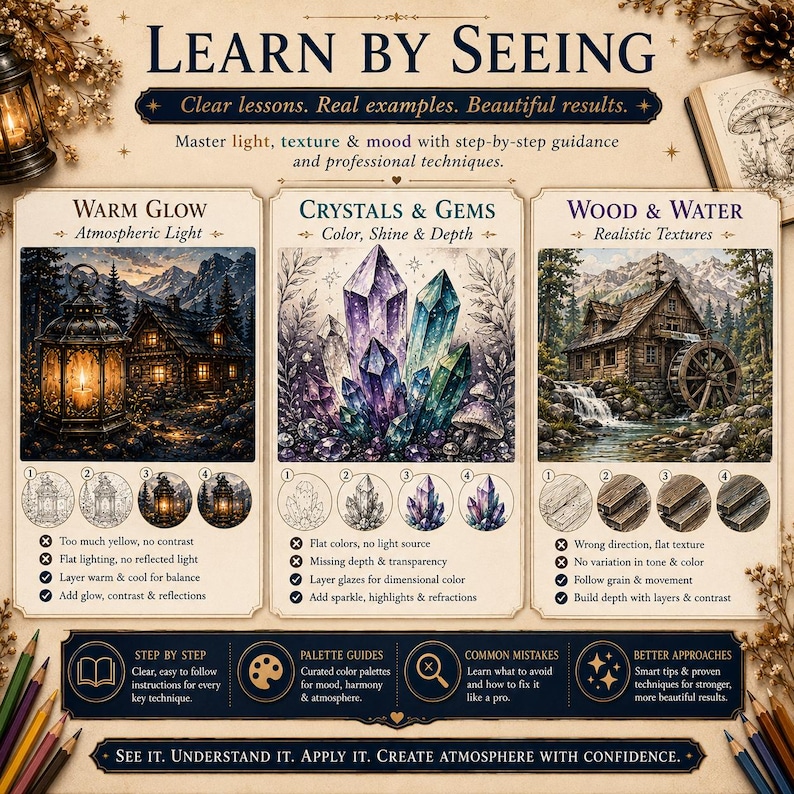 Puede incluir: Una gu&iacute;a art&iacute;stica educativa titulada LEARN BY SEEING que presenta tres paneles: WARM GLOW con una linterna y caba&ntilde;a, CRYSTALS & GEMS con cristales morados y azules, y WOOD & WATER con un molino de agua, incluyendo tutoriales paso a paso.