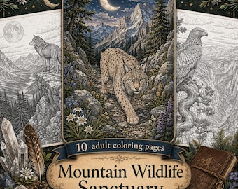 May include: A collection of 10 adult coloring pages titled Mountain Wildlife Sanctuary, featuring a central colored illustration of a lynx in a mountain landscape, flanked by black and white line art of a wolf and an eagle in nature.