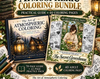 Atmospheric Coloring Workbook Bundle 70 Pages Guide + 40 Botanical Coloring Pages, Adult Coloring Guide, Printable Greenhouse PDF
