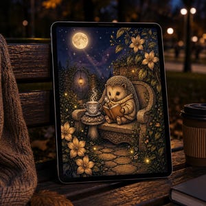 May include: A digital tablet displaying an illustration of a hedgehog wearing a beige sweater, sitting on a stone bench in a garden at night, reading a book with a steaming cup of tea nearby under a full moon and glowing fireflies.