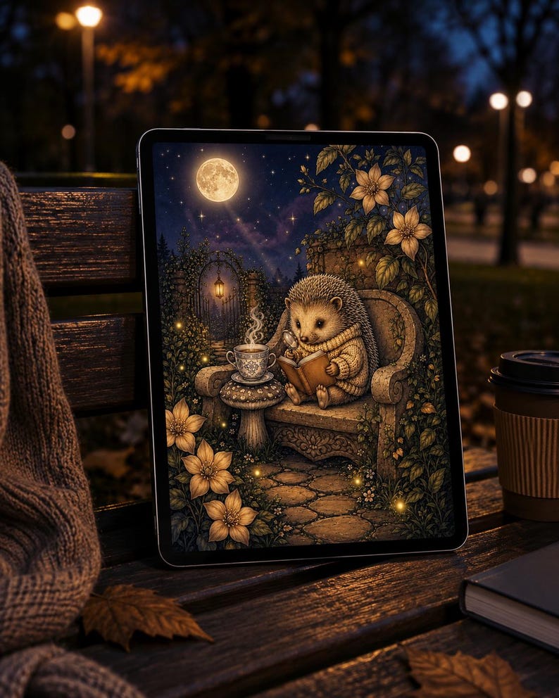 May include: A digital tablet displaying an illustration of a hedgehog wearing a beige sweater, sitting on a stone bench in a garden at night, reading a book with a steaming cup of tea nearby under a full moon and glowing fireflies.