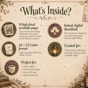 May include: An informational graphic titled What's Inside? detailing a digital download of 10 printable coloring pages featuring mushroom village illustrations. It specifies A4 and US Letter formats, instant digital delivery, and themes of relaxation, quiet evenings, and self-care, presented with decorative botanical borders.