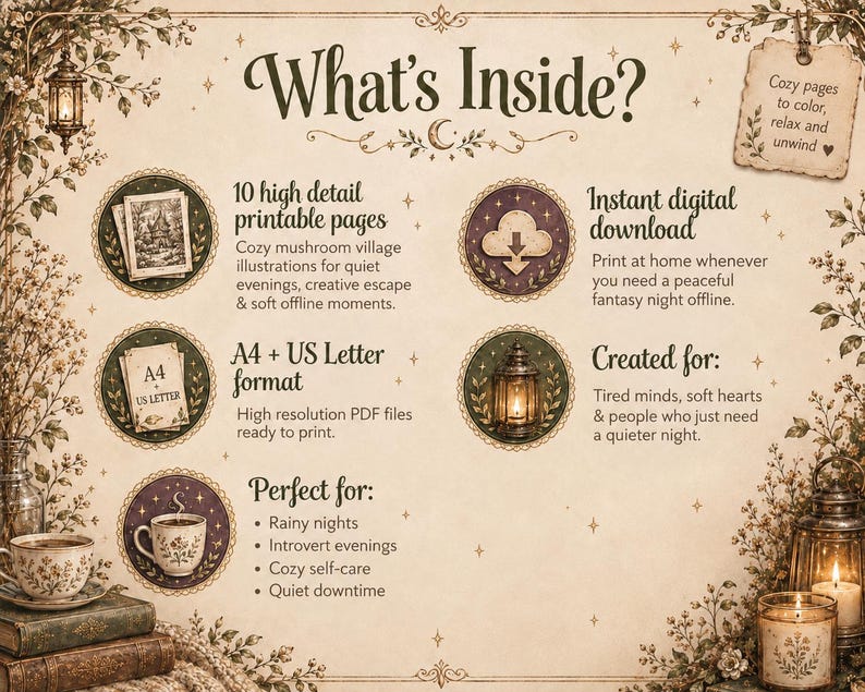 May include: An informational graphic titled What's Inside? detailing a digital download of 10 printable coloring pages featuring mushroom village illustrations. It specifies A4 and US Letter formats, instant digital delivery, and themes of relaxation, quiet evenings, and self-care, presented with decorative botanical borders.