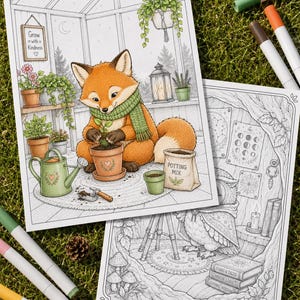 May include: Two coloring book pages featuring detailed illustrations. One page shows a fox wearing a green scarf, potting a plant in a greenhouse with a sign reading Grow with Kindness. The other page depicts an owl with books and star charts.