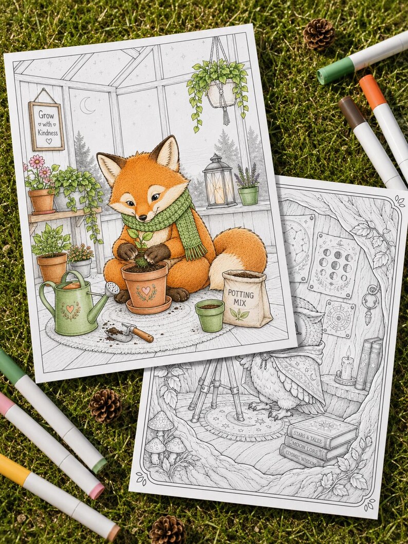 May include: Two coloring book pages featuring detailed illustrations. One page shows a fox wearing a green scarf, potting a plant in a greenhouse with a sign reading Grow with Kindness. The other page depicts an owl with books and star charts.