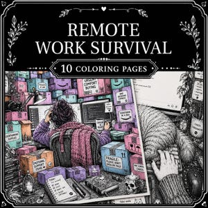 Può includere: Una pagina da colorare intitolata REMOTE WORK SURVIVAL che mostra una persona alla scrivania circondata da pile di scatole etichettate con frasi come URGENT COMFORT BUYING e FRAGILE: PLEASE DON'T OPEN MY PAST, insieme a un gatto e un computer.