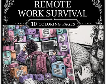 May include: A digital coloring book cover titled Remote Work Survival featuring 10 coloring pages. The illustration shows a person at a desk surrounded by stacked boxes labeled with text like Urgent Comfort Buying and Fragile Please Don't Open My Past.