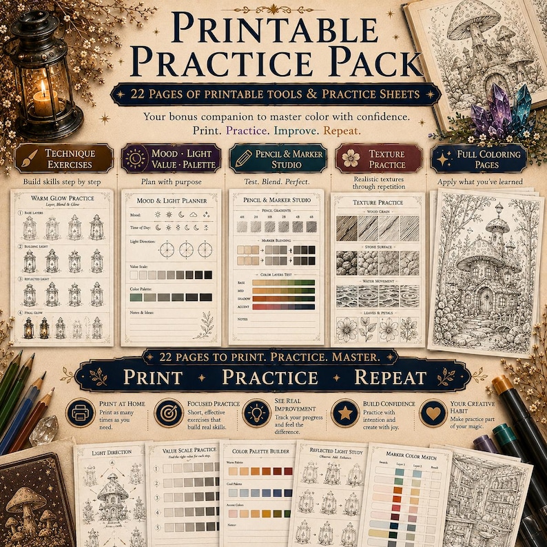 Puede incluir: Un paquete de pr&aacute;ctica imprimible con 22 p&aacute;ginas de herramientas y hojas para colorear, que incluye ejercicios t&eacute;cnicos, planificadores de luz, estudios de l&aacute;pices y marcadores, pr&aacute;cticas de texturas y p&aacute;ginas para colorear con motivos.