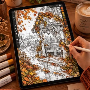 Puede incluir: Una tableta digital que muestra una p&aacute;gina para colorear detallada de una escena oto&ntilde;al con un cenador de madera, un banco y hojas ca&iacute;das. La pantalla muestra una paleta de colores y herramientas de dibujo. Se usa un l&aacute;piz &oacute;ptico en la pantalla.