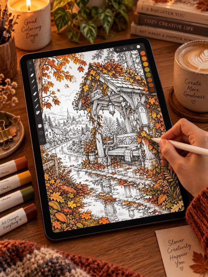 Puede incluir: Una tableta digital que muestra una p&aacute;gina para colorear detallada de una escena oto&ntilde;al con un cenador de madera, un banco y hojas ca&iacute;das. La pantalla muestra una paleta de colores y herramientas de dibujo. Se usa un l&aacute;piz &oacute;ptico en la pantalla.