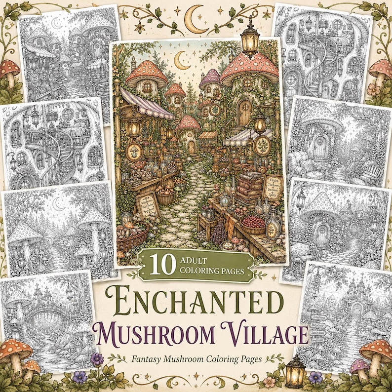 May include: A collection of 10 adult colouring pages titled Enchanted Mushroom Village, featuring detailed black and white line art illustrations of mushroom-shaped houses, forest paths, and cosy interiors with lanterns and foliage.