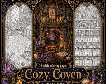 May include: A collection of 10 adult coloring pages titled Cozy Coven by MidnightByVoid. The cover features three arched panels showing detailed black and white line art of a magical workspace, a central colored scene of a cauldron, and shelves of jars.