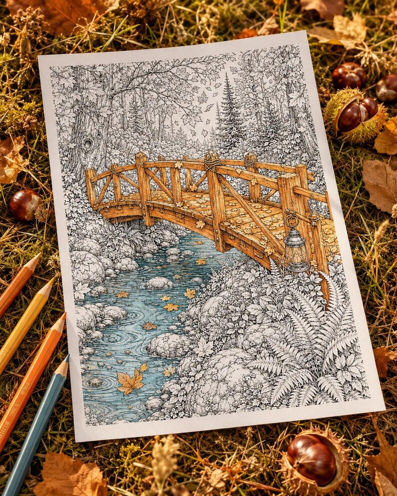 May include: A detailed colouring page illustration featuring a wooden footbridge arching over a flowing stream. The scene includes intricate line work of forest trees, ferns, and rocks, with selective colouring of the bridge and leaves in warm autumn tones.