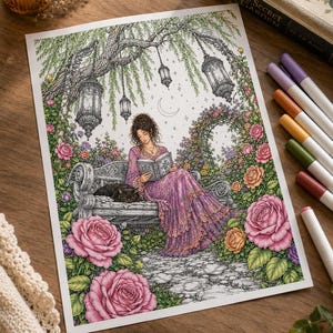 K&ouml;nnte beinhalten: Eine farbige Illustration auf Papier, die eine Person in einem langen violetten Kleid zeigt, die auf einer Bank unter einem Baum mit h&auml;ngenden Laternen ein Buch liest. Die Szene umfasst eine schwarze Katze, einen Steinweg und viele Rosen.