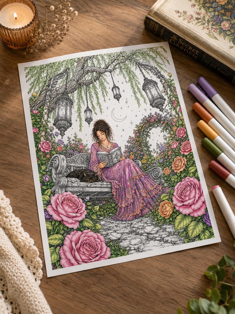 K&ouml;nnte beinhalten: Eine farbige Illustration auf Papier, die eine Person in einem langen violetten Kleid zeigt, die auf einer Bank unter einem Baum mit h&auml;ngenden Laternen ein Buch liest. Die Szene umfasst eine schwarze Katze, einen Steinweg und viele Rosen.