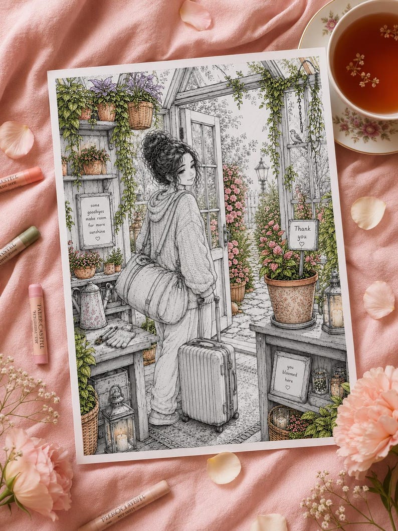 Peut inclure: Une illustration d&eacute;taill&eacute;e en noir et blanc repr&eacute;sentant une personne avec un sac de voyage et une valise &agrave; roulettes dans l'encadrement d'une serre. On y voit des plantes en pot, des lanternes et des panneaux avec le texte : come goodbyes make room for more sunshine, Thank you, et you bloomed here.