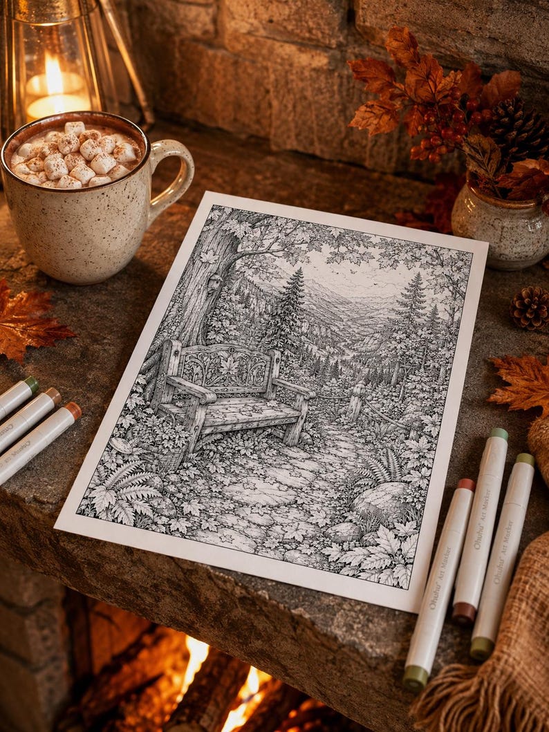 May include: A black and white line art illustration on paper depicting a forest scene with a wooden bench, a winding path, and dense trees. The drawing is surrounded by a mug of hot cocoa with marshmallows and several colored art markers.