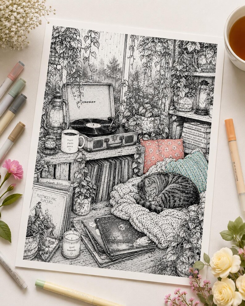 Pu&ograve; includere: Un'illustrazione dettagliata in bianco e nero che raffigura una scena interna accogliente con un giradischi, un gatto soriano che dorme su una coperta testurizzata, piante in vaso, dischi in vinile, libri, candele e una tazza con la scritta music plants peace.