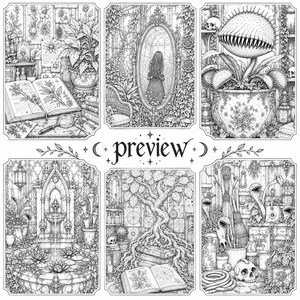 May include: A black and white line art illustration featuring six distinct panels with the word preview centered. The scenes depict botanical studies, a person reflected in an ornate mirror, a large Venus flytrap, a stone fountain, a tree, and tools.