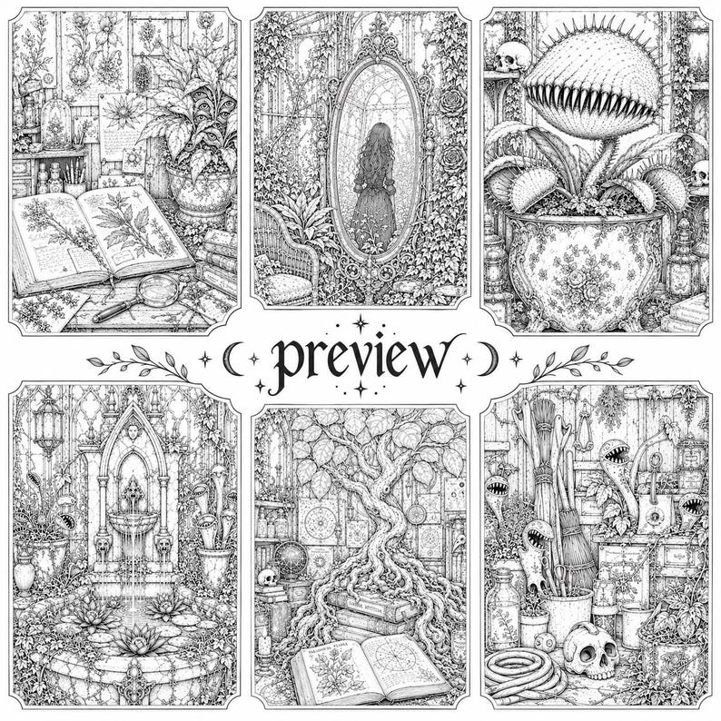May include: A black and white line art illustration featuring six distinct panels with the word preview centered. The scenes depict botanical studies, a person reflected in an ornate mirror, a large Venus flytrap, a stone fountain, a tree, and tools.