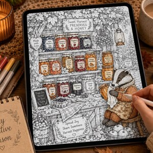 Puede incluir: Una p&aacute;gina para colorear digital en una pantalla de tableta que muestra un tej&oacute;n con delantal, rodeado de estantes con frascos etiquetados de conservas y miel. El texto incluye Sweet Harvest Preserves & Honey, From Our Forest to Your Table.