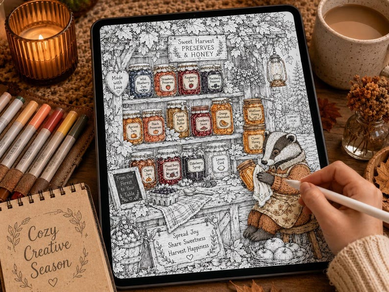 Puede incluir: Una p&aacute;gina para colorear digital en una pantalla de tableta que muestra un tej&oacute;n con delantal, rodeado de estantes con frascos etiquetados de conservas y miel. El texto incluye Sweet Harvest Preserves & Honey, From Our Forest to Your Table.